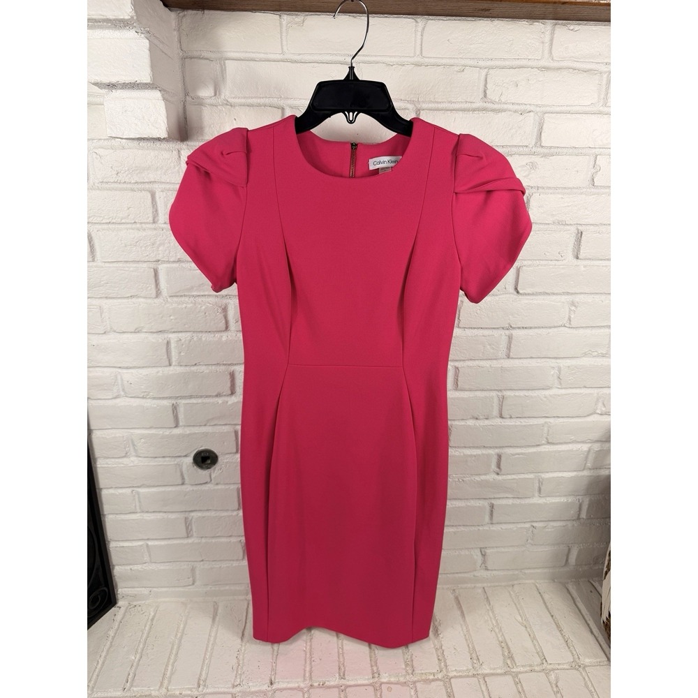 Calvin Klein Size 6 Hot Pink Tulip Sleeve Sheath Dress Gold Zip Cocktail